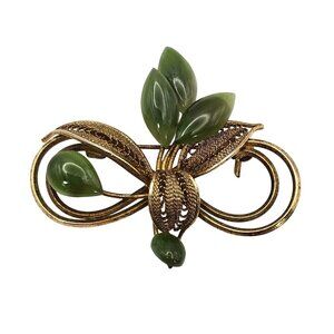 VTG Brooch Gold Tone Jade Green Infinity Knot Art Deco Floral Fairy Cottage Core
